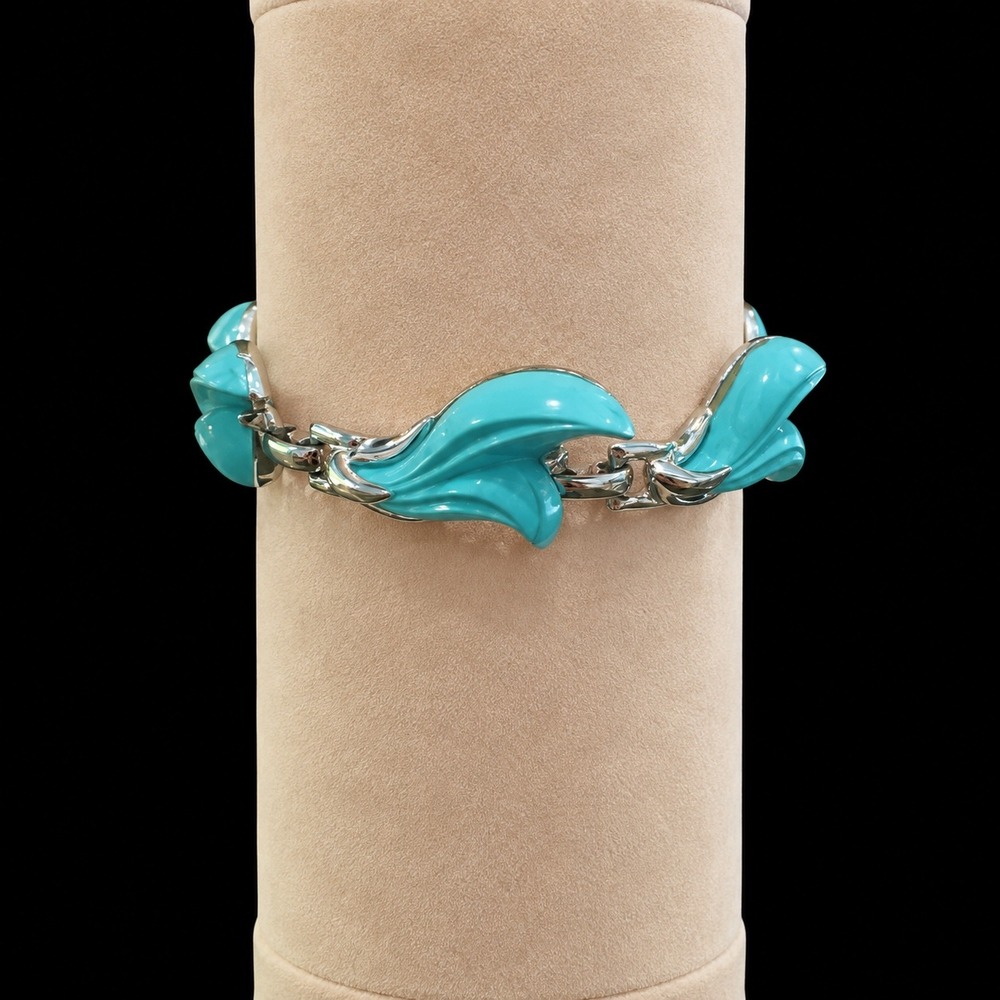 Vtg Thermoset Leaf Bracelet 8" Turquoise Blue Purple Silver Tone Mid Century
